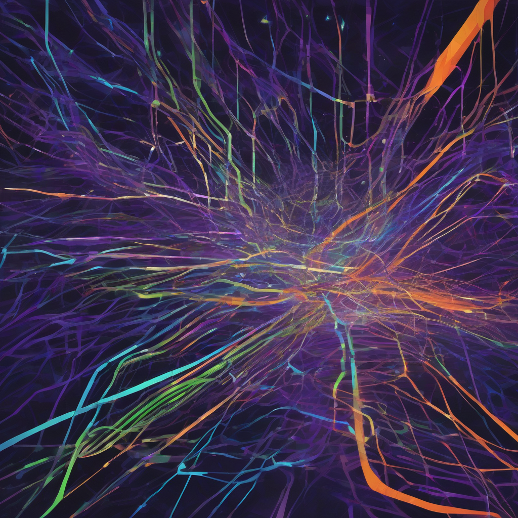 An abstract, retro-futuristic depiction of neural pathways under stress, with glowing, fractured data streams and sharp, intersecting lines. Colors are dark purples and blues with neon green and orange accents, conveying urgency and complexity.