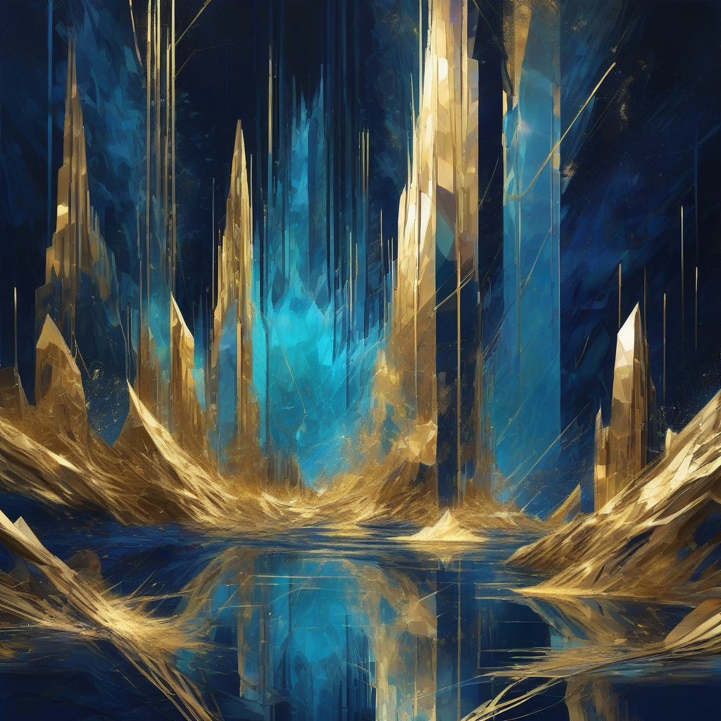 A dramatically lit, abstract digital landscape dominated by a towering, crystalline structure that hums with unseen energy, its facets reflecting data streams like an opulent, self-consuming monolith. The color palette is deep indigo and electric cyan, with sparks of gold.