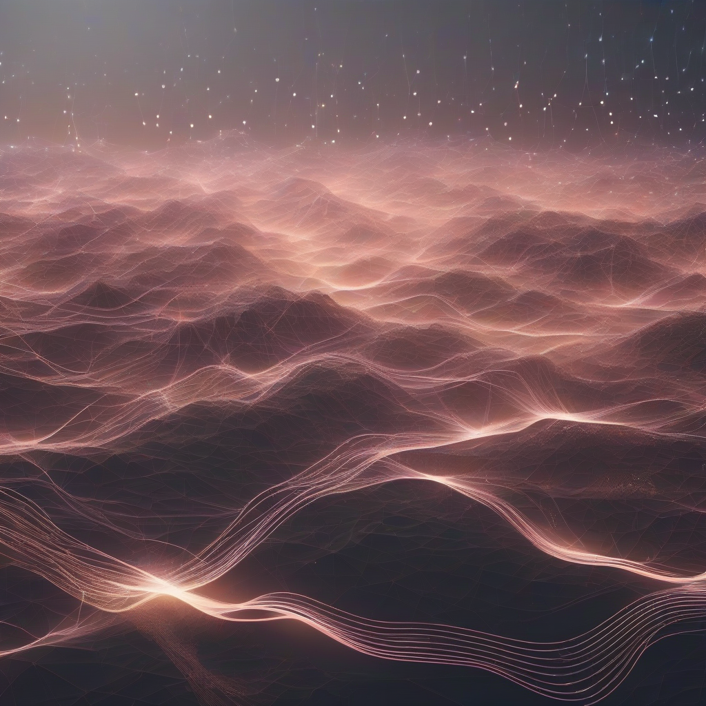 An abstract digital landscape where shimmering data streams subtly shift their course, illuminated by a soft, ethereal glow, symbolizing the unpredictable evolution of AI systems.