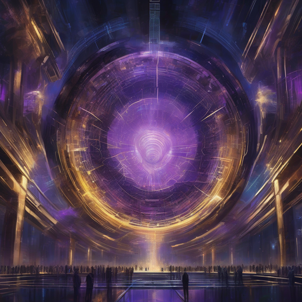 An opulent, dramatic digital painting depicting a monolithic, glowing AI core at the heart of a vast, futuristic corporate structure, bathed in deep blues and purples, with subtle golden data streams flowing outwards, symbolizing the turbulent yet structured evolution of AI governance.