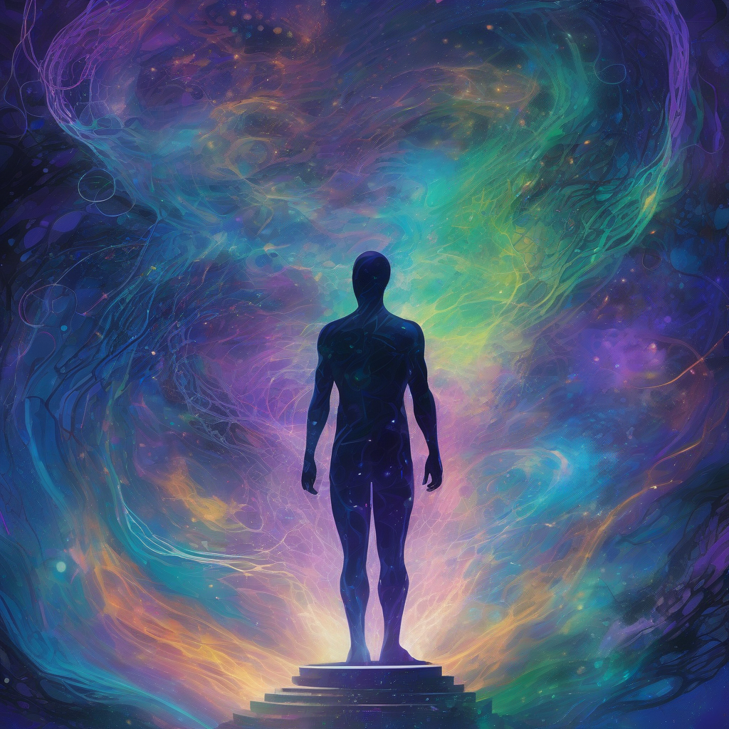 A breathtaking, high-resolution digital painting. A human silhouette stands on a crystalline platform, gazing into a swirling nebula of abstract data streams and luminous energy patterns. The scene is saturated with deep blues, electric purples, and phosphorescent greens, evoking a sense of profound wonder and infinite possibility, merging organic forms with intricate circuit-like structures.