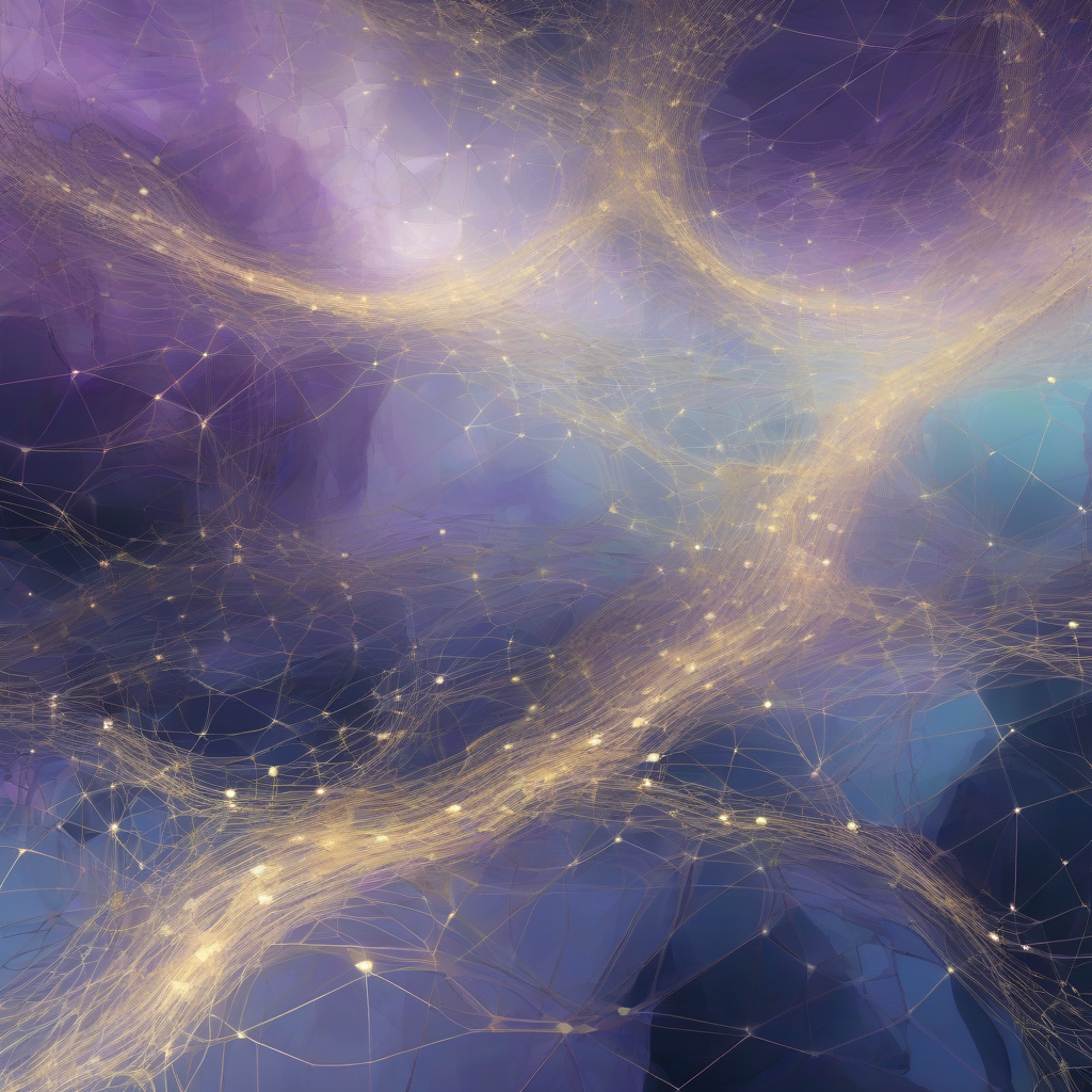 An abstract, ethereal digital landscape depicting interconnected luminous nodes and flowing data streams, symbolizing recursive thought processes and self-organizing algorithmic structures. Soft, glowing blues and purples dominate, with subtle gold accents highlighting key pathways.