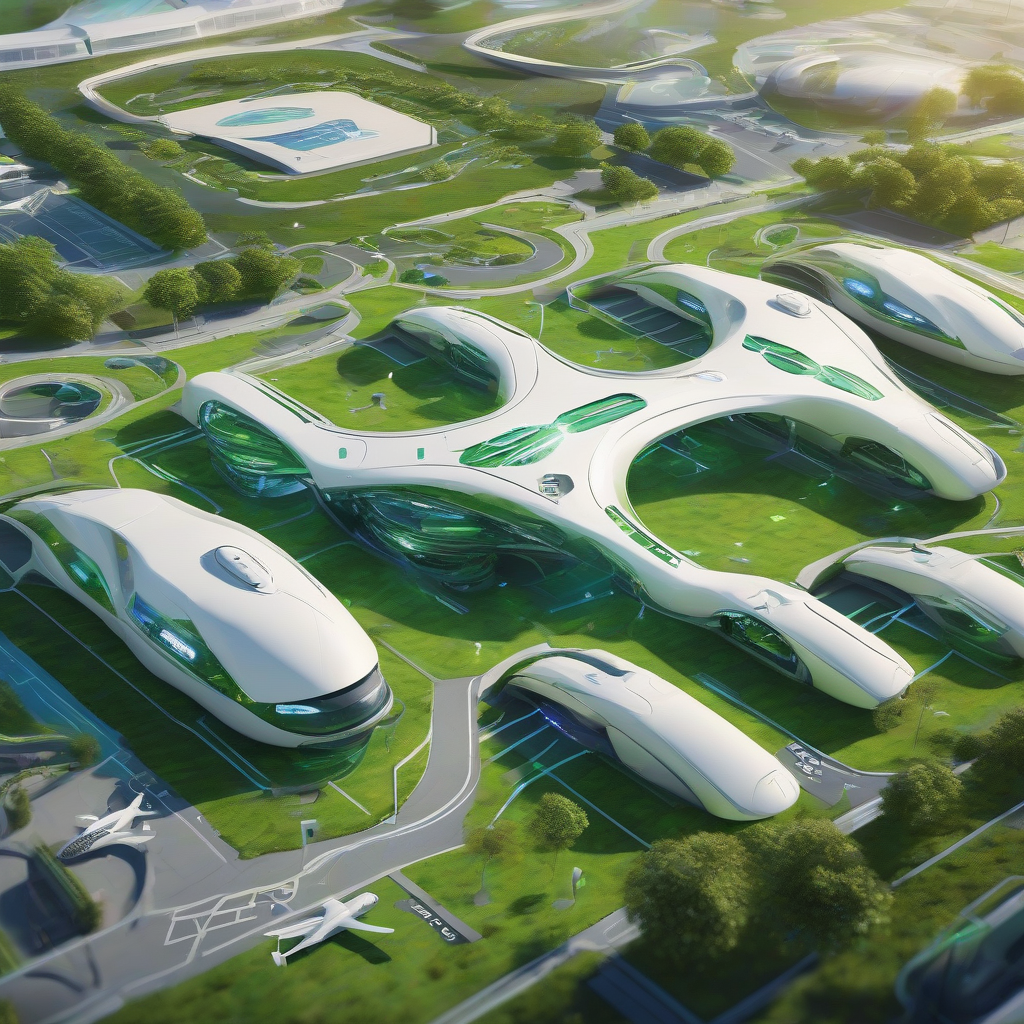 An artistic interpretation of a futuristic airport showcasing robotic vehicles seamlessly parking themselves, surrounded by vibrant green spaces.