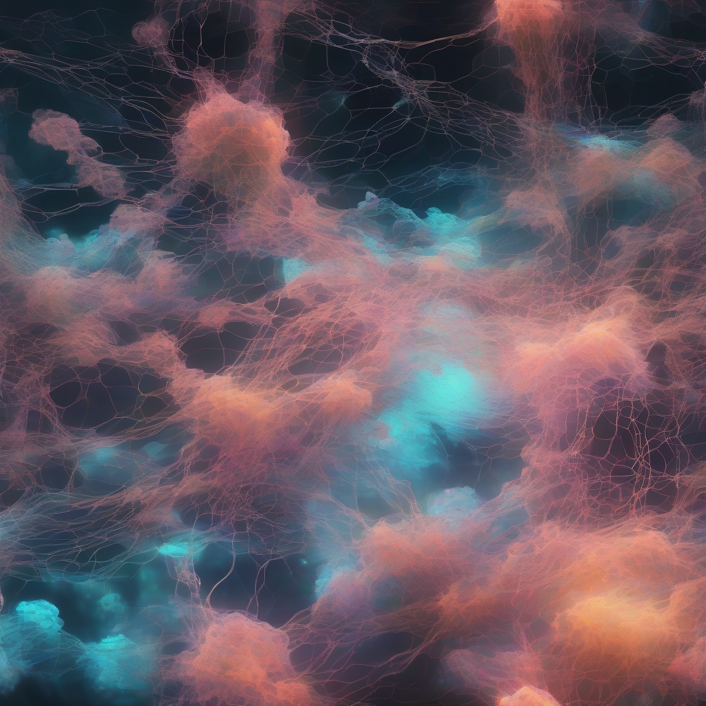 An ethereal, bioluminescent network of glowing data streams interweaving with abstract, dreamlike cloud formations, casting soft, vibrant hues across a digital void.