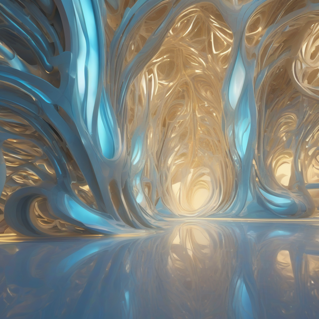 A glowing, organic architectural structure, impossibly fluid, rendered in ethereal blues and soft golds, hinting at an environment sculpted by unseen algorithmic forces for ultimate, personalized human comfort. The atmosphere is serene and subtly vibrant, a perfect blend of natural forms and digital precision.