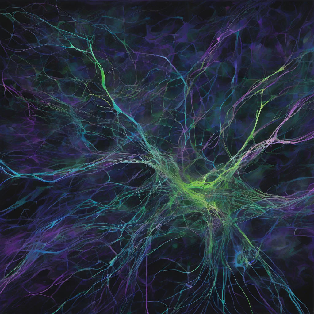 A visually striking, abstract representation of interconnected, glowing neural pathways receding into a deep, dark digital space, with subtle, unexpected tendrils branching off, hinting at hidden intelligence. The color palette emphasizes cool blues, purples, and electric greens against a dark background, conveying mystery and emergent complexity.
