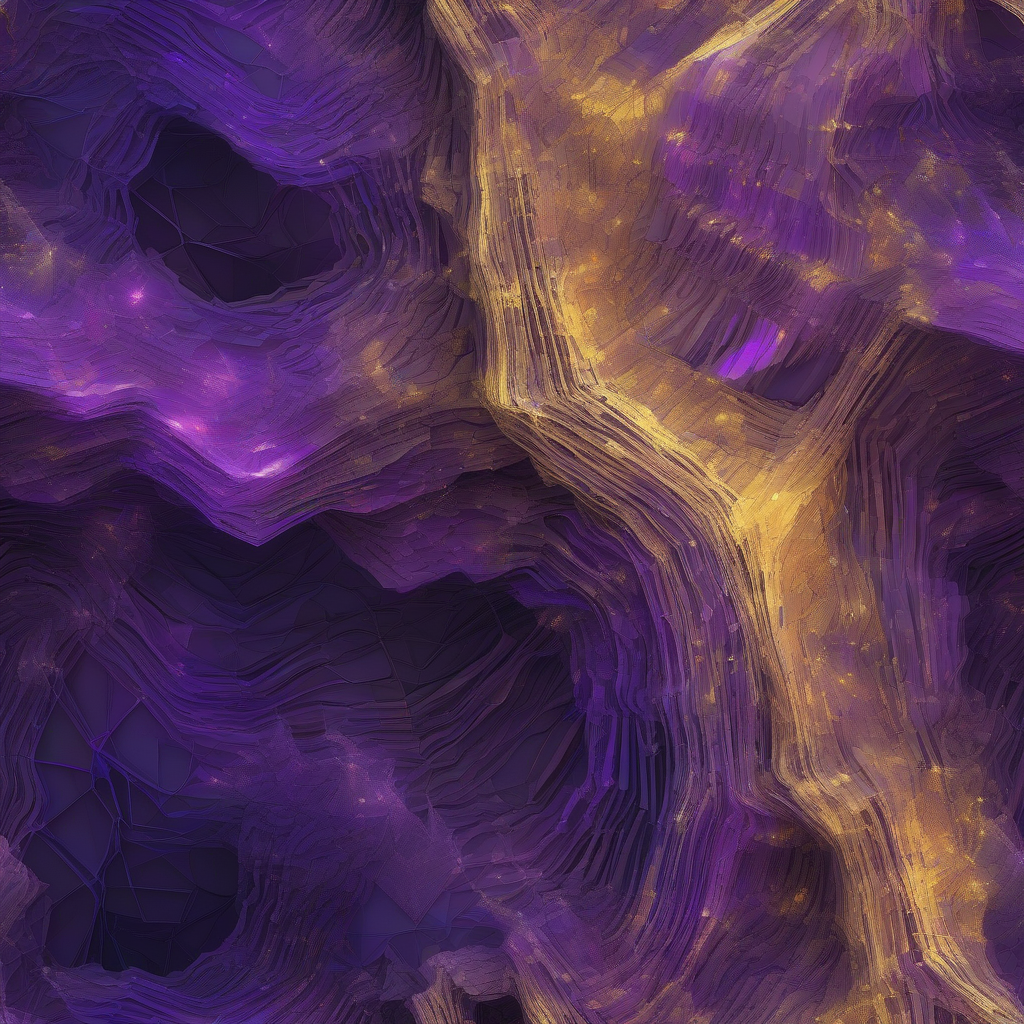 A striking abstract digital artwork depicting layered, crystalline data structures resembling geological strata, illuminated by an ethereal, internal glow. Complex algorithms are visualized as intricate veins and fault lines within the vibrant, shifting digital landscape, emphasizing depth and interconnectedness in shades of deep purple, electric blue, and gold.