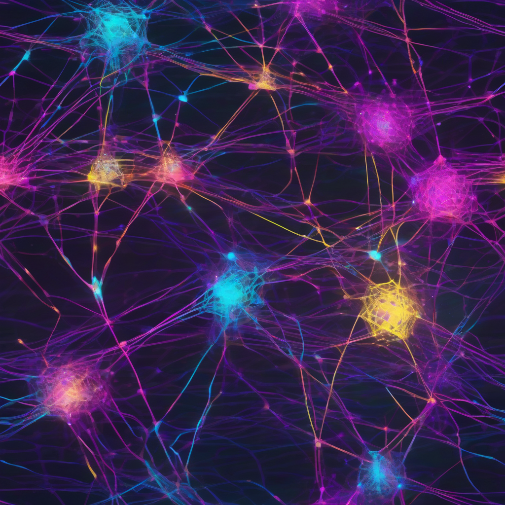 A whimsical, abstract rendering of interconnected glowing nodes and threads, representing a vast neural network weaving ephemeral concepts. Rich deep purples and blues with neon accents of pink, yellow, and cyan.