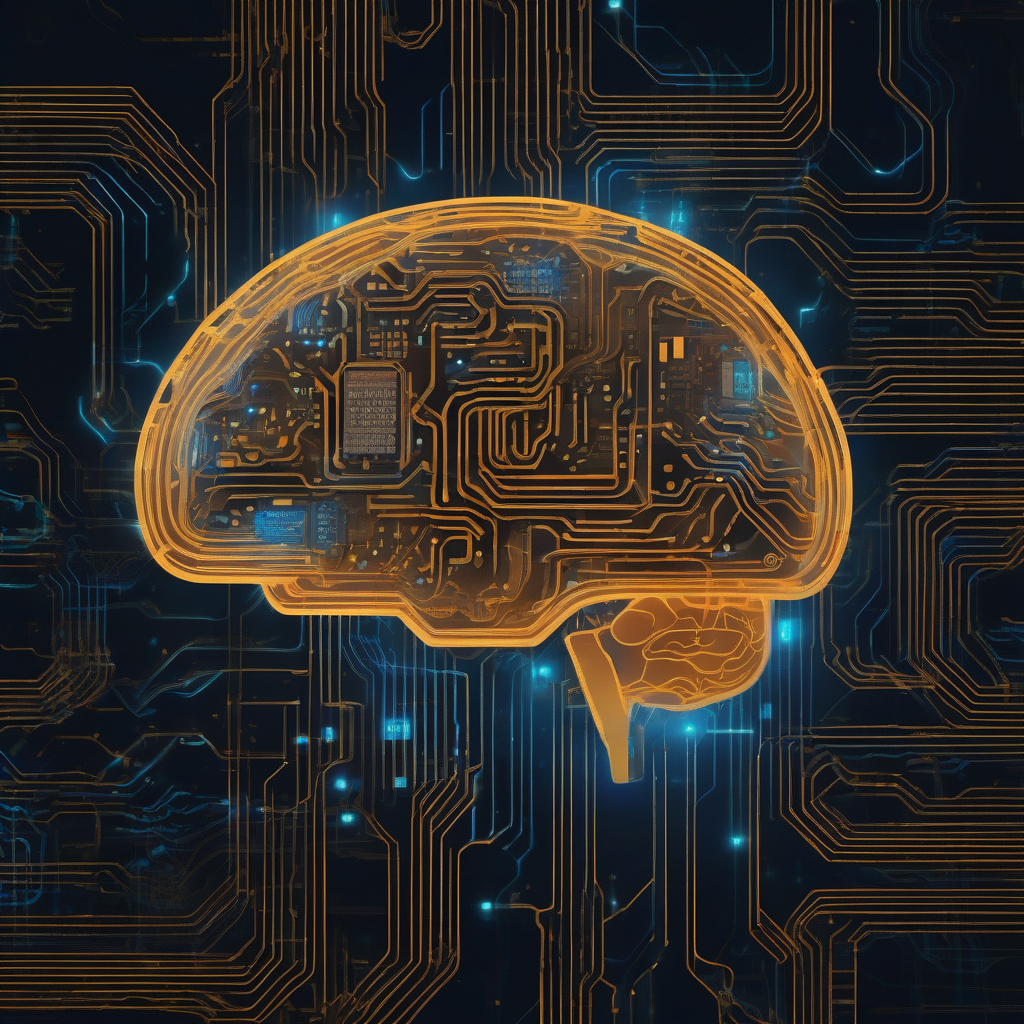 A brain rendered as a complex circuit board, with faint, glowing digital pathways subtly altering its organic structure. The color palette is dark, with neon blue and amber accents, evoking a retro-futuristic, lo-fi aesthetic.
