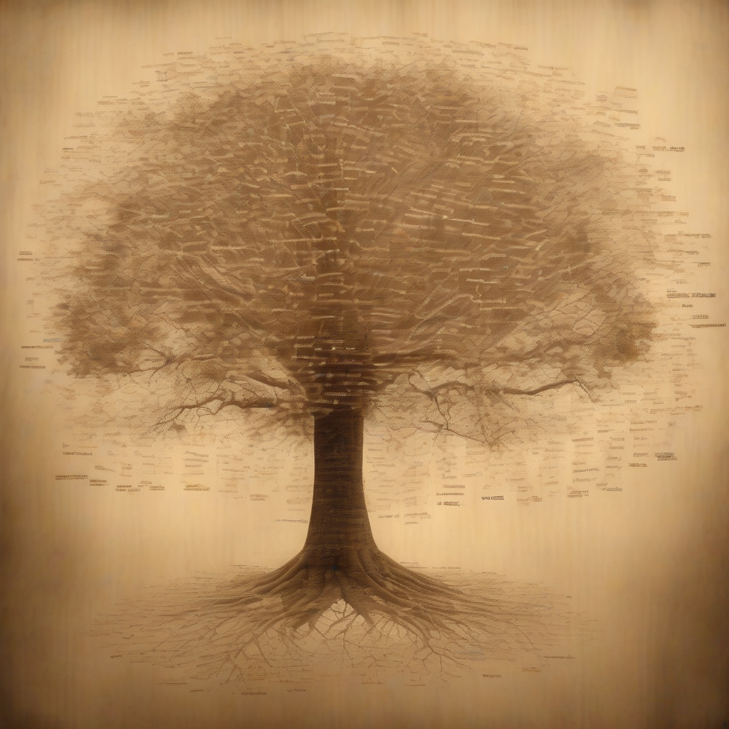 A sepia family-tree diagram dissolving into static, its branches made of looping typewritten text, warm archival light, faint grain, slightly uncanny.