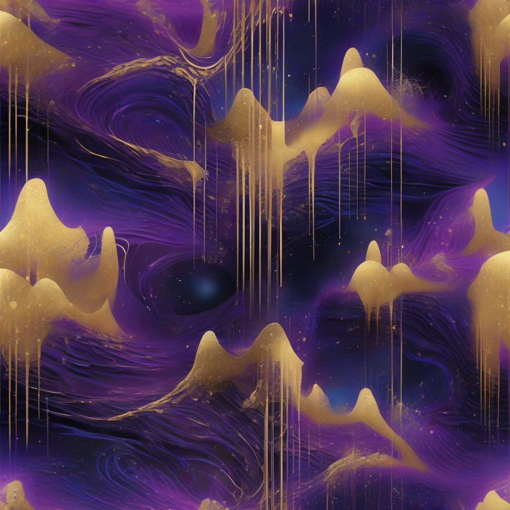 A surreal, glowing data stream flows through a cosmic, abstract landscape, fragmenting and reforming into patterns that hint at both organic growth and artificial design. Hues of deep purple and electric blue dominate, punctuated by shimmering gold light, suggesting a delicate balance between truth and crafted illusion in the digital realm.