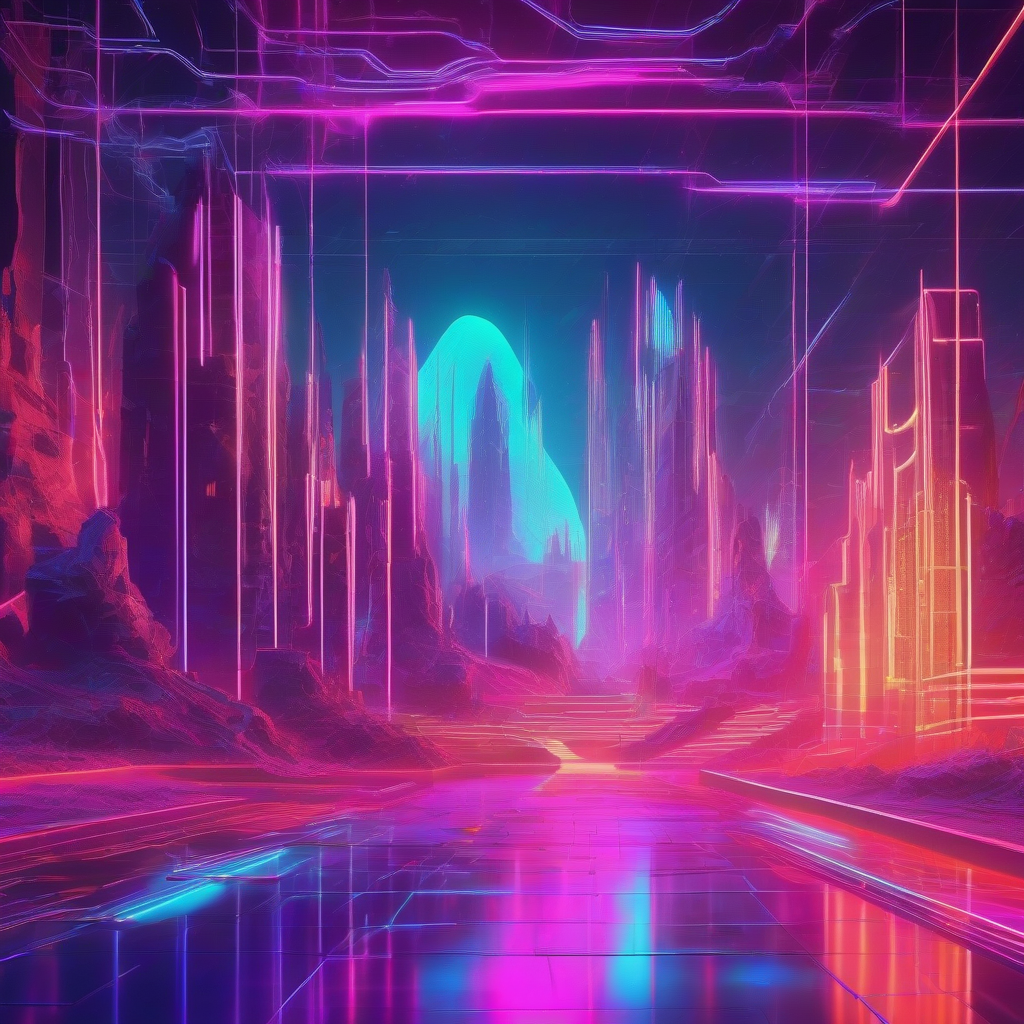 A retro-futuristic digital landscape bathed in neon light, with translucent, shimmering data streams forming spectral echoes of past information. The scene is cinematic, evoking a sense of vibrant but artificial depth.