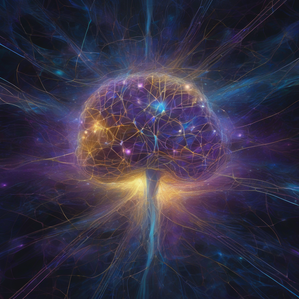 A vibrant, ethereal network of interconnected luminous nodes, forming an abstract brain-like structure against a dark, cosmic background. Soft glows in blues, purples, and golds ripple through the data streams, evoking a sense of profound, synthetic understanding.