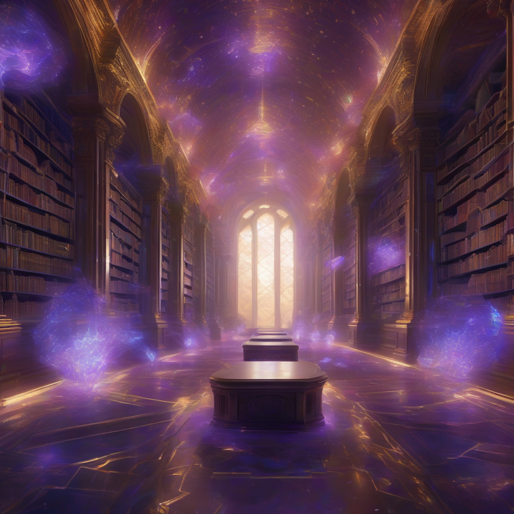 A majestic, ethereal library bathed in soft, glowing light. Ancient-looking data scrolls made of light particles float amidst shimmering crystalline structures, all overseen by a benevolent, abstract AI presence. The colors are deep purples, blues, and gold, evoking a sense of profound, timeless knowledge and gentle reconstruction.