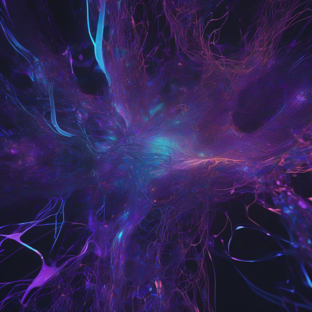 A stylized, glowing neural network reconfiguring its connections in real-time, bathed in neon blues and purples, with emergent patterns forming and dissolving. The image conveys fluidity and dynamic intelligence against a dark, futuristic backdrop.