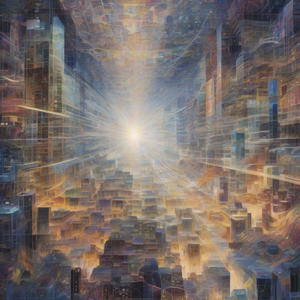 A swirling, ethereal tapestry of light and shadow, woven with crystalline algorithmic patterns, depicting new forms of human perception merging with digital consciousness against a backdrop of a vibrant, interconnected city.