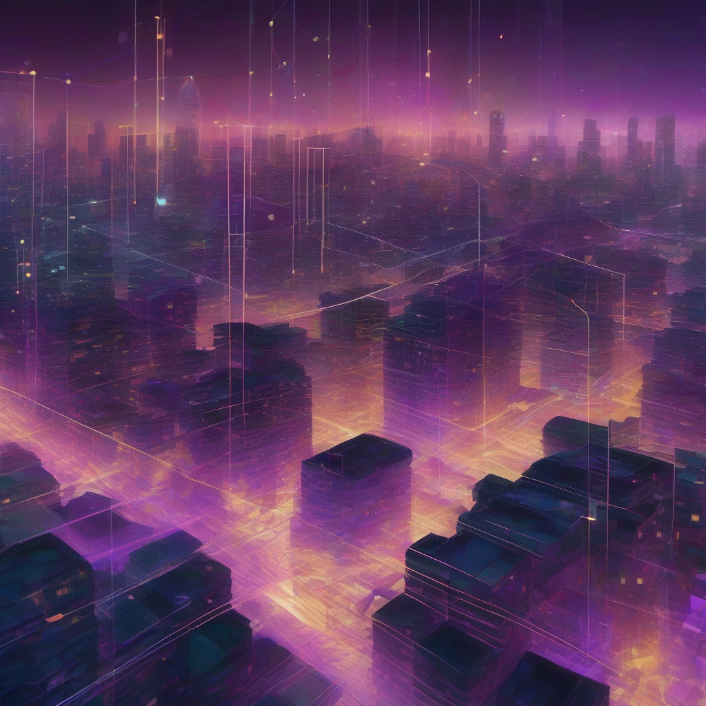 A cinematic, abstract depiction of invisible, intricate digital threads weaving through a glowing, interconnected urban landscape at dusk. Focus on translucent, ethereal light streams suggesting data flow and AI presence, with subtle geometric patterns emerging from organic forms. The mood is mysterious and profound, using deep purples, teals, and gold accents.