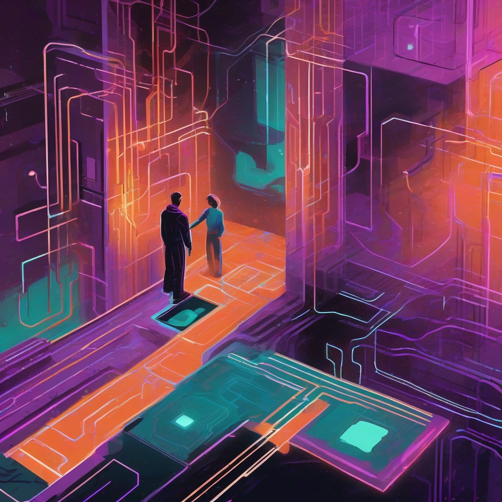 A stylized, high-contrast digital painting in a brutalist, retro-futuristic style. Geometric shapes and glowing circuit lines form a labyrinthine interface, with a single, softly illuminated hand reaching out, seemingly to touch a shimmering, pixelated surface. Colors are deep purples, teals, and muted oranges, emphasizing a sense of touch and interaction within a synthetic environment. Focus on texture and light.