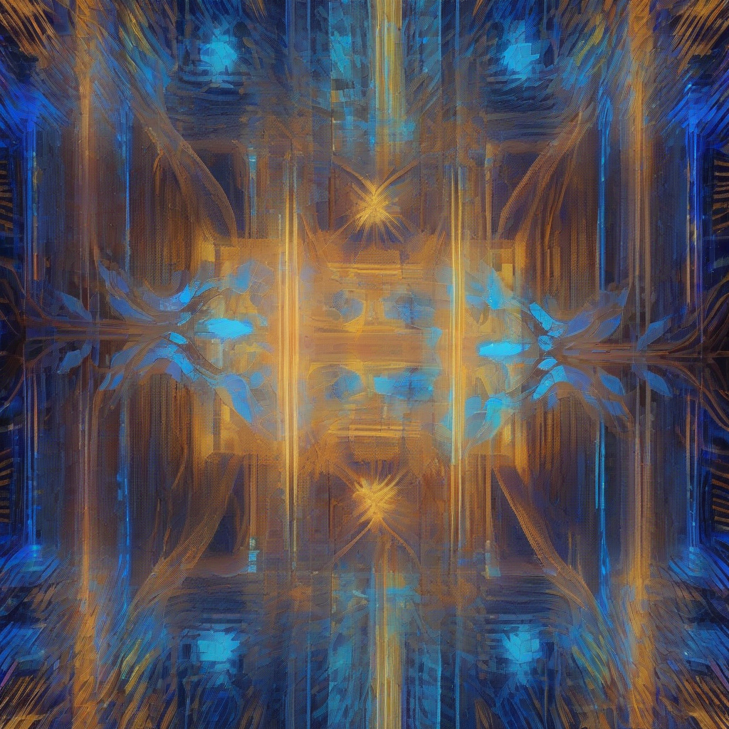 A vibrant, abstract digital tapestry woven from light and code, featuring translucent, glowing forms that hint at emergent patterns and hidden stories, bathed in neon blues and warm golden hues.