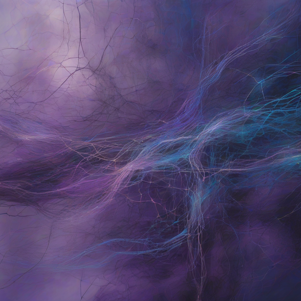 A visually rich abstract representation of neural pathways intertwining with digital data streams, bathed in a serene, slightly melancholic glow of deep purples and blues, suggesting a complex interplay of logic and emotion.