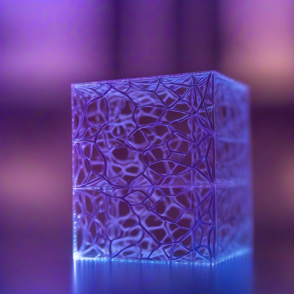 A close-up of an intricate, translucent material structure, perhaps a micro-lattice, glowing with an internal, cool blue light. The textures are fine and complex, suggesting both natural growth and precise engineering. The background is a soft, deep violet blur, enhancing the crafted feel of the foreground object.