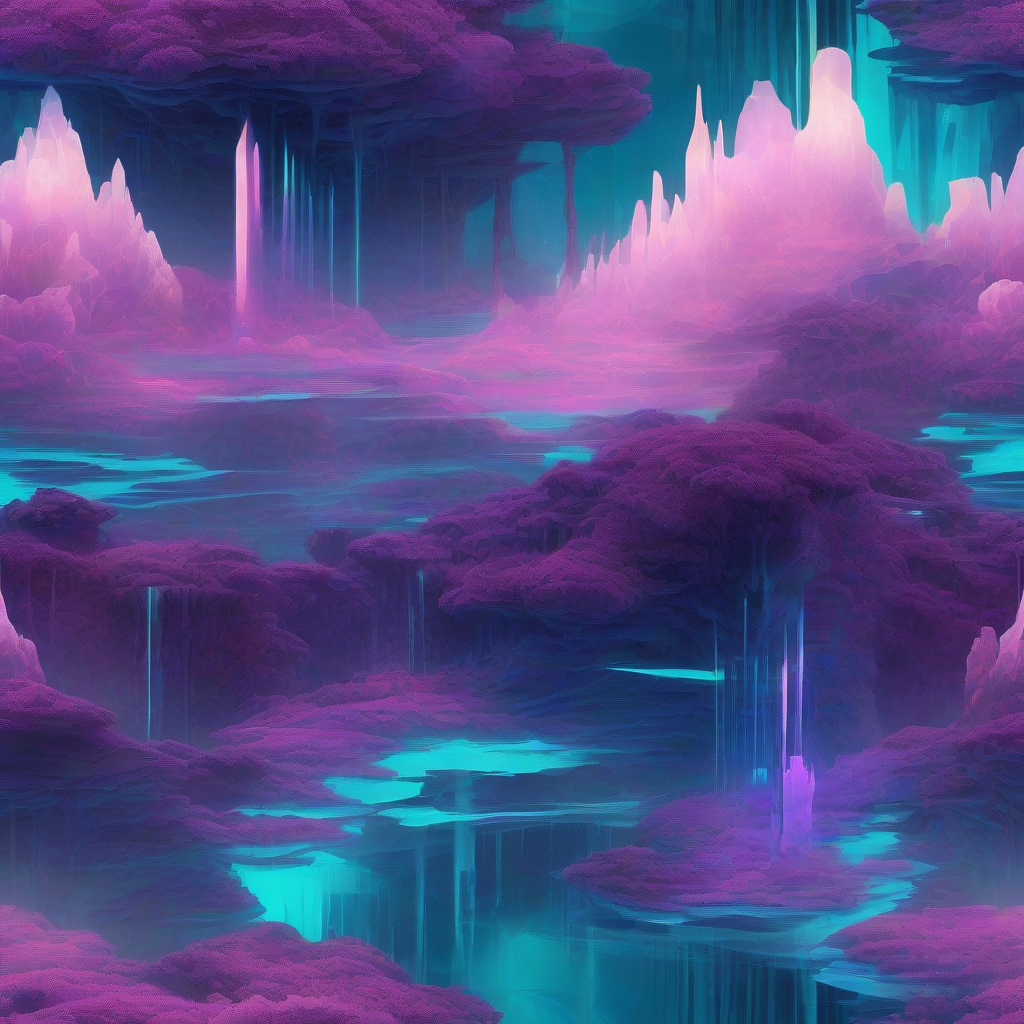 A stylized, ethereal landscape where shimmering digital constructs blend seamlessly with organic elements, illuminated by a soft, otherworldly glow. The colors are rich purples, deep blues, and electric turquoises, hinting at a reality both artificial and profoundly beautiful.