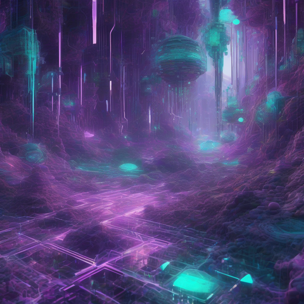 A vibrant, abstract digital landscape where glowing, ancient data nodes intertwine with emergent, crystalline AI structures, bathed in a nostalgic purple and teal light, suggesting both decay and rebirth.