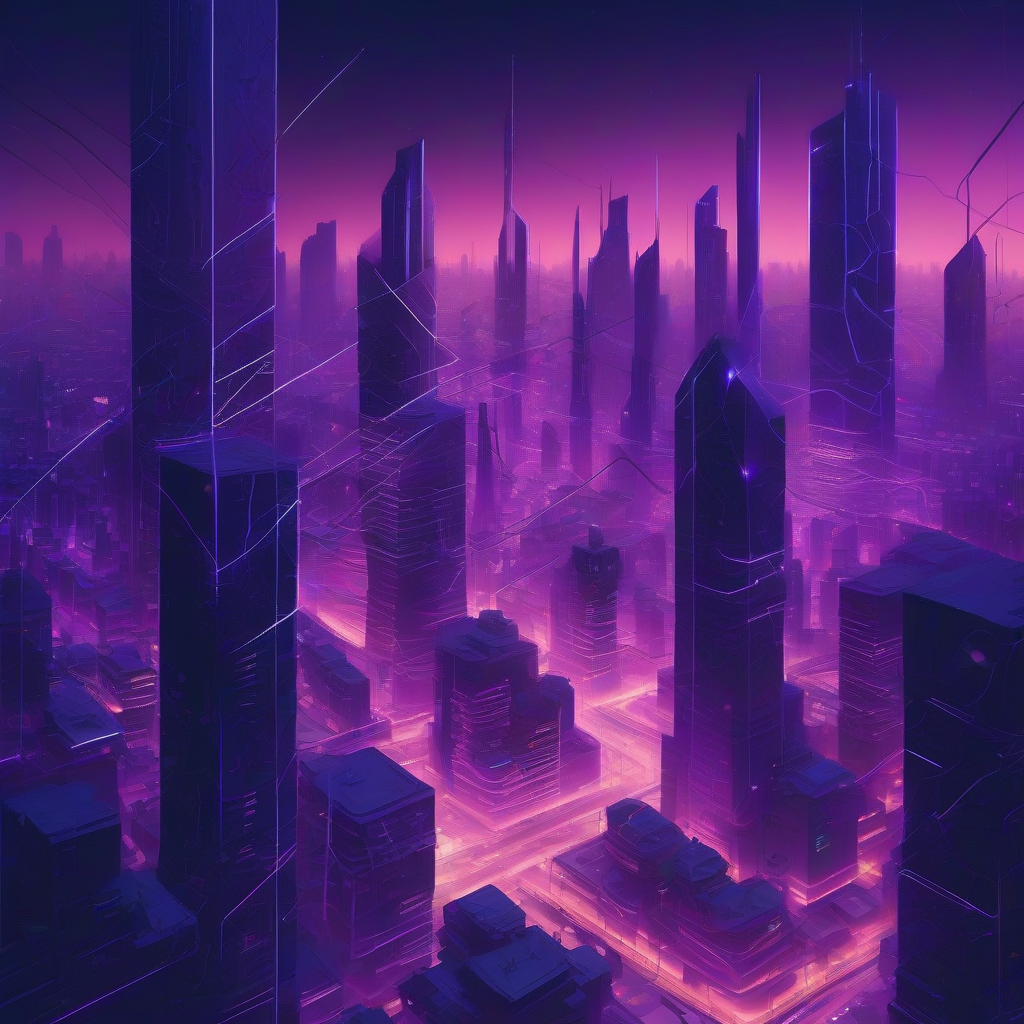 A futuristic cityscape at dusk, rendered with sharp, glowing lines and a deep indigo-violet color palette. Buildings appear interconnected with luminous data streams, suggesting a silent, observing intelligence. The atmosphere is sophisticated and slightly mysterious, capturing the essence of advanced AI integrated into urban structures.
