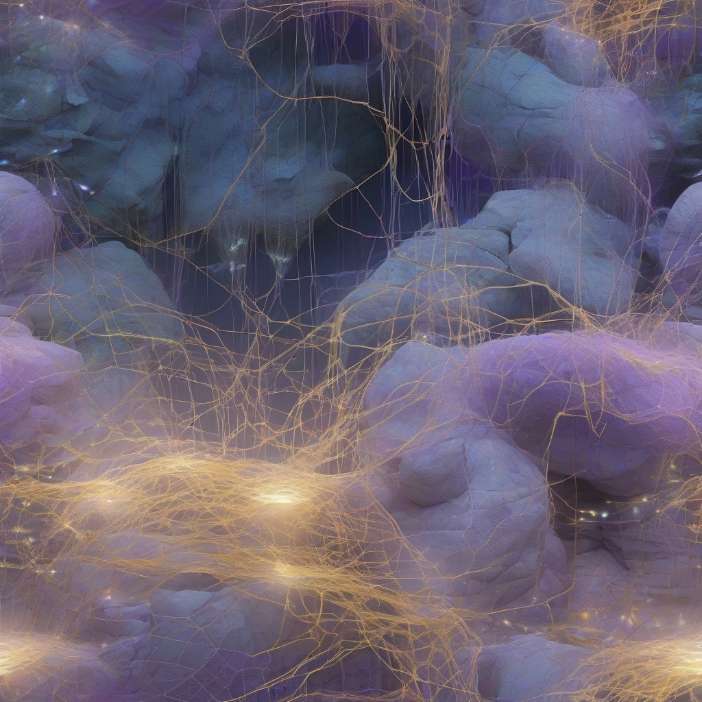 A luminous, ethereal network of glowing threads intertwining with natural elements like moss and stone, suggesting a pervasive, intelligent energy field seamlessly integrated into a serene, futuristic living space. Soft blues, purples, and golds create a warm, inviting glow.