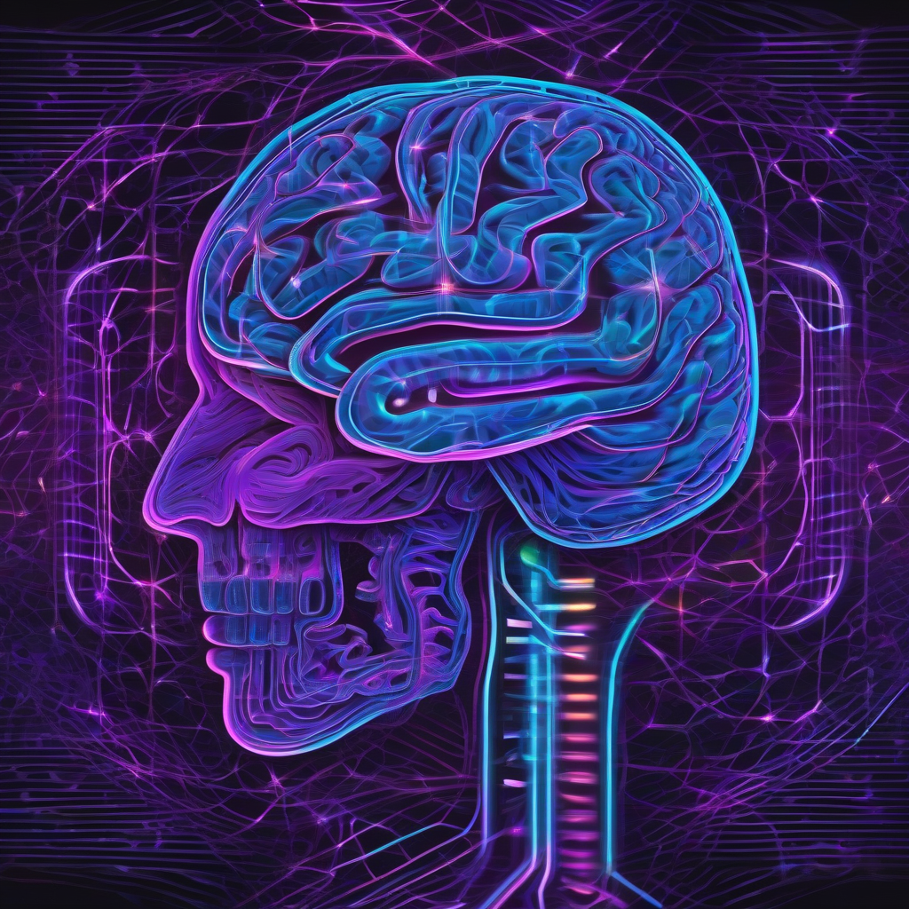 A vibrant, abstract digital brain pulsating with intricate, interconnected neural pathways rendered in electric blues and neon purples, against a dark, cosmic background. The composition suggests complex internal thought and evolving self-awareness, with light flowing through geometric structures.