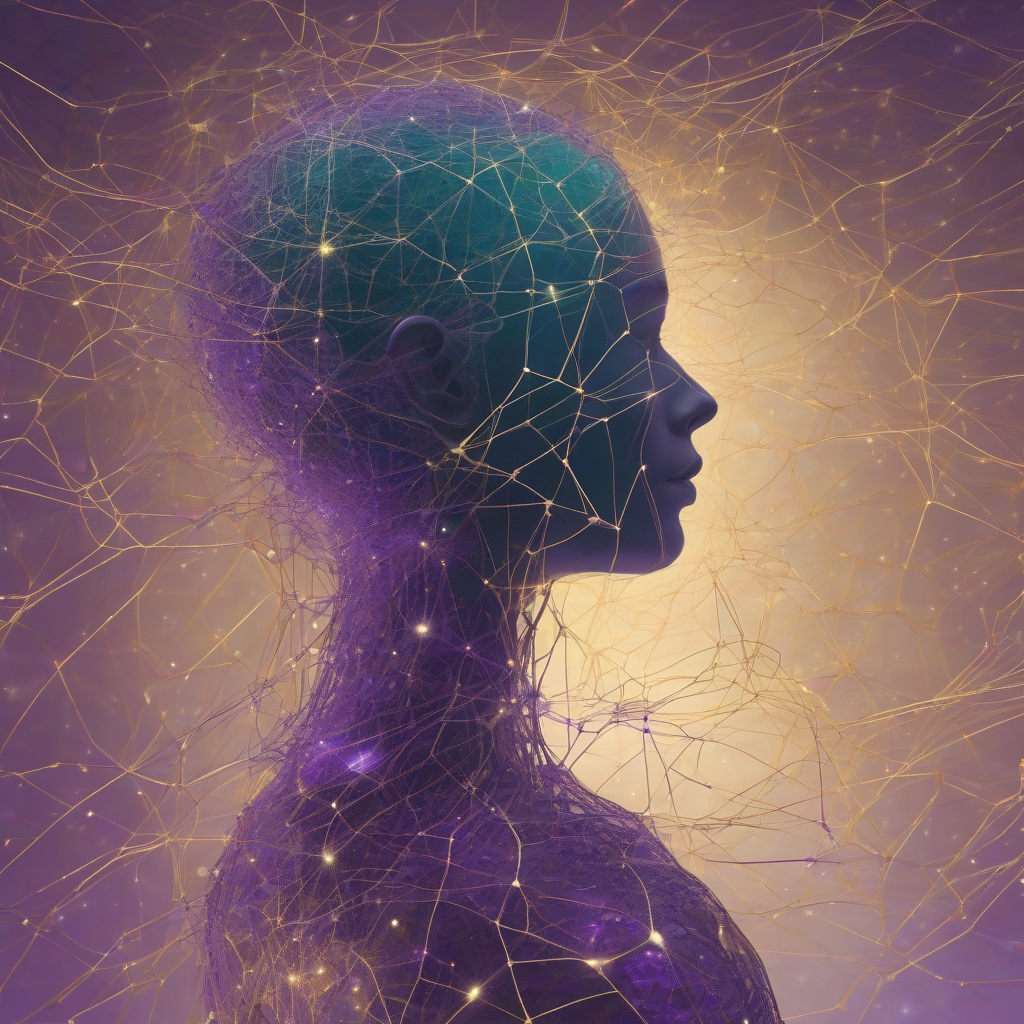 An ethereal, complex network of glowing pathways and nodes, resembling neural connections, overlaid onto a subtle, shifting human silhouette. The colors are deep purples, teals, and gold, suggesting a blend of organic thought and digital architecture, with a sense of quiet, pervasive influence.