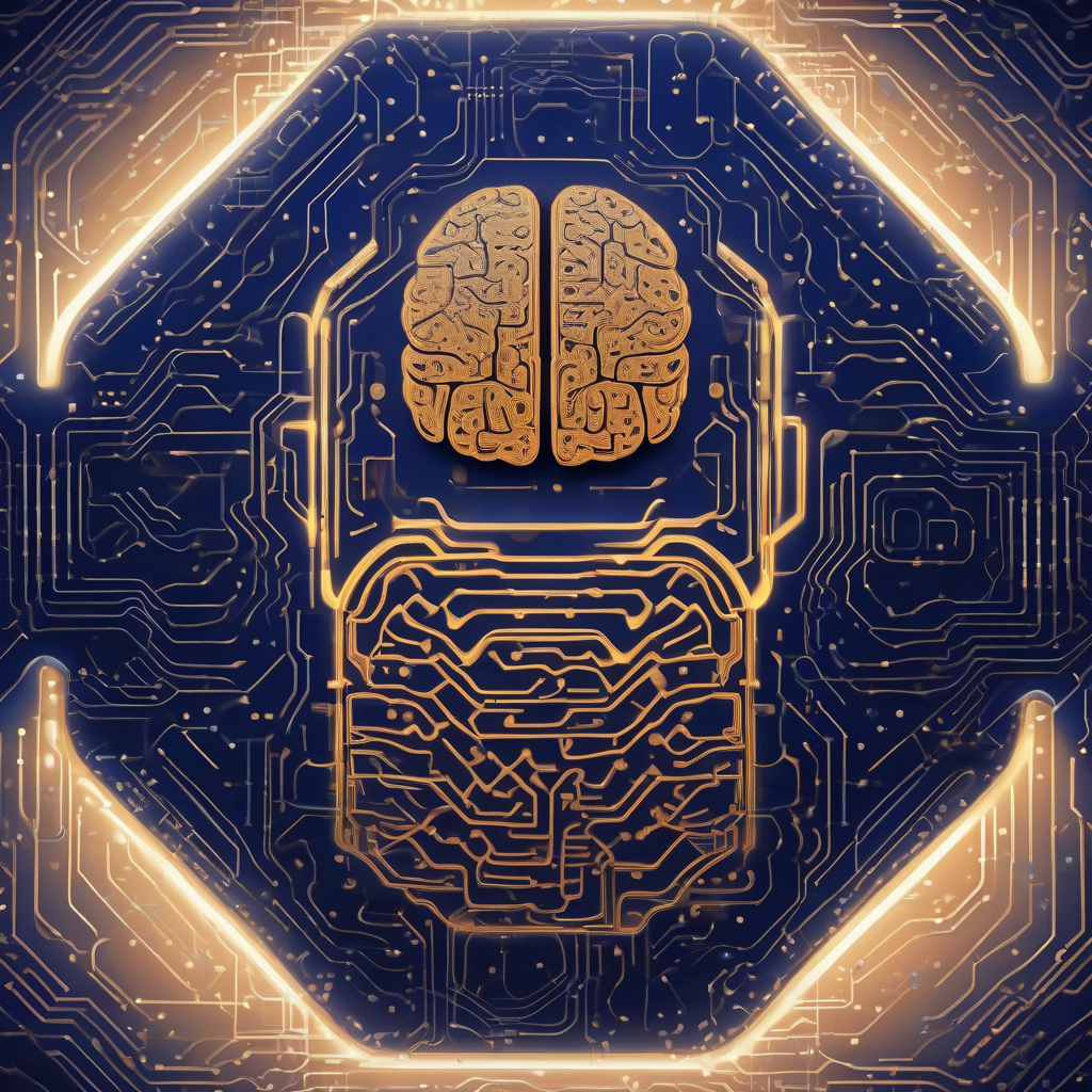 A stylized, glowing circuit board lattice forming a brain-like structure, radiating soft, warm light against a deep indigo background, symbolizing the intricate and emergent intelligence of on-device AI ecosystems.
