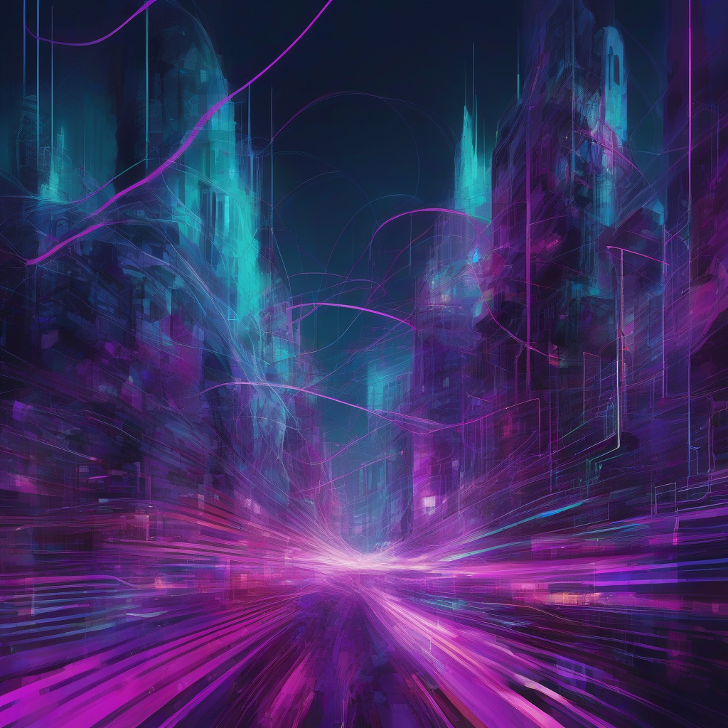 An abstract, vibrant cityscape where digital light trails intertwine with architectural forms, suggesting a hidden, intelligent network. The color palette is deep purples, teals, and fuchsia, with glowing lines representing data flow, creating an ethereal, interconnected urban organism.