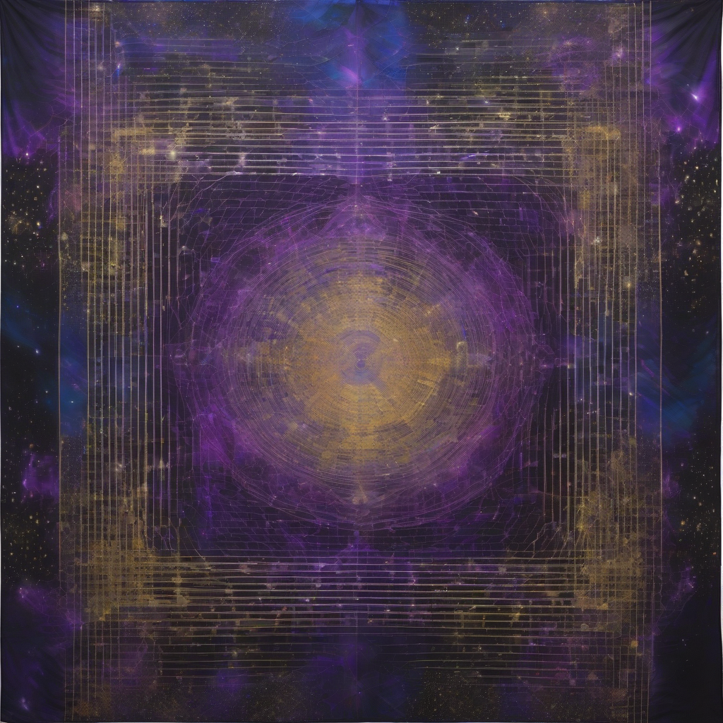 A luminous, ethereal tapestry woven from shimmering threads of light and data, suspended in a cosmic void, with faint geometric patterns emerging and dissolving within its depths, rendered in deep purples, blues, and electric golds.