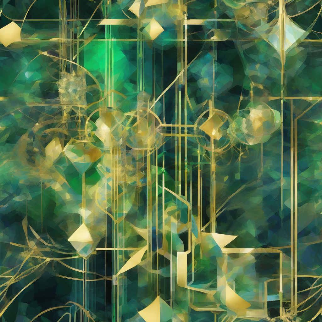 A vibrant, abstract digital garden, composed of glowing, geometric forms that intertwine and bloom, bathed in shifting hues of sapphire, emerald, and gold. The composition feels both organic and meticulously constructed by an unseen digital hand, evoking a sense of calm and complex order.