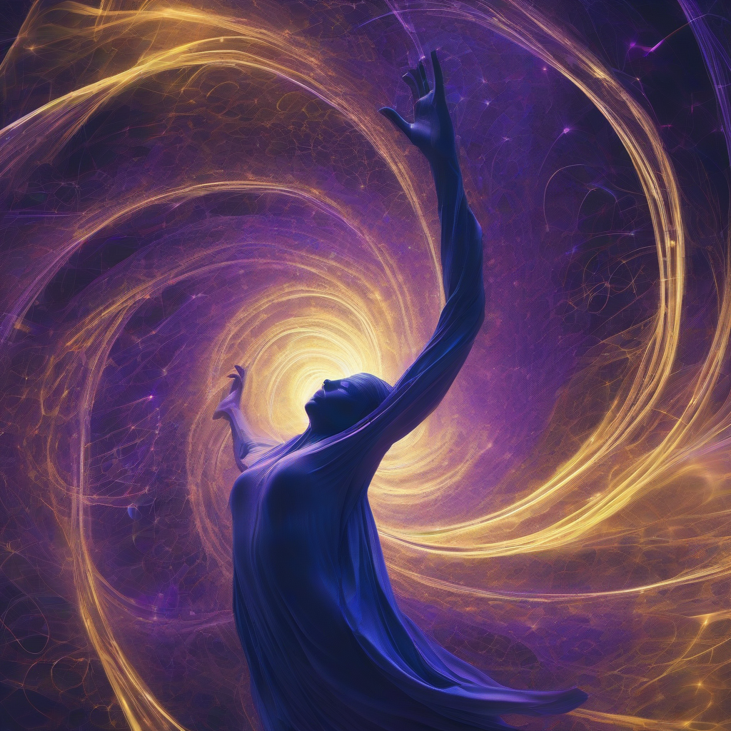 A vibrant, abstract digital art piece depicting a swirling vortex of glowing data points, forming tendrils that intertwine with ethereal, dream-like human silhouettes, all rendered in deep blues, purples, and shimmering golds, evoking a sense of ancient wisdom and emergent consciousness.