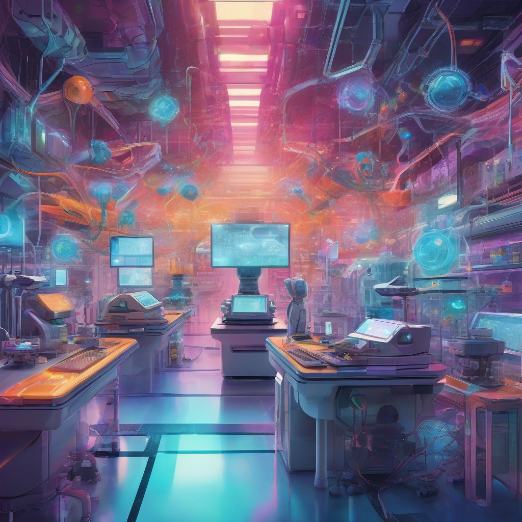 A vibrant depiction of a futuristic laboratory filled with advanced AI systems, radiating creativity and potential.