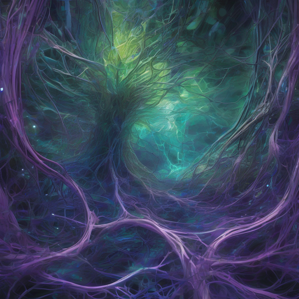 An abstract, allegorical image depicting a vast, luminous root system beneath a digital landscape, with tendrils of light connecting to emergent, fragmented structures in the simulated sky. The colors are deep purples, cosmic blues, and electric greens, suggesting hidden depths and emergent complexity.