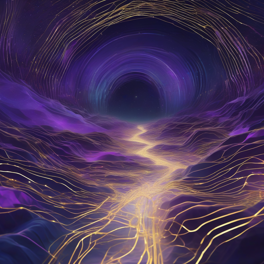 A mesmerizing, ethereal digital landscape, with glowing data streams intertwining like ancient rivers. Deep blues and purples dominate, accented by shimmering gold lines suggesting hidden pathways and forgotten archives, conveying a sense of profound discovery.